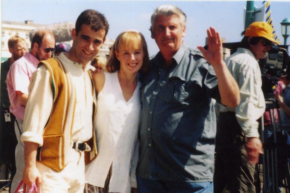 Coronation Street stars Kevin and Sally with local photographer Robert McDougall during filming on North Pier Blackpool in 1994 (Photo: Kevin McDougall)