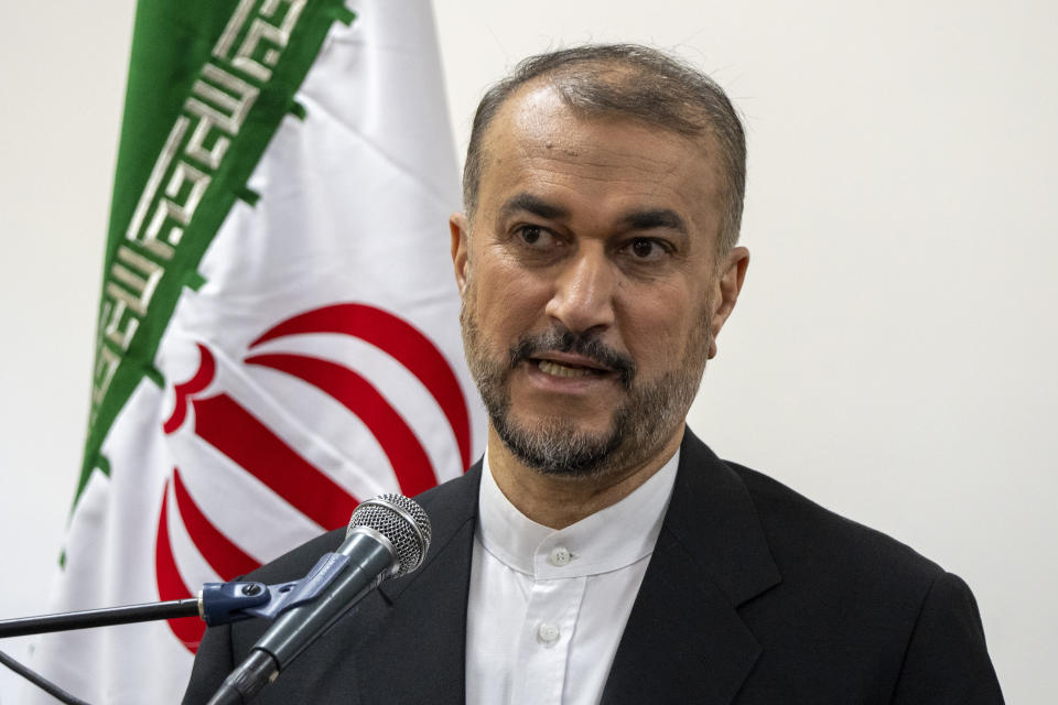 Iranian Foreign Minister Hossein Amirabdollahian speaks during a joint press conference with his Lebanese counterpart Abdallah Bouhabib in Beirut, Lebanon, Thursday, April 27, 2023. (AP Photo/Hassan Ammar)