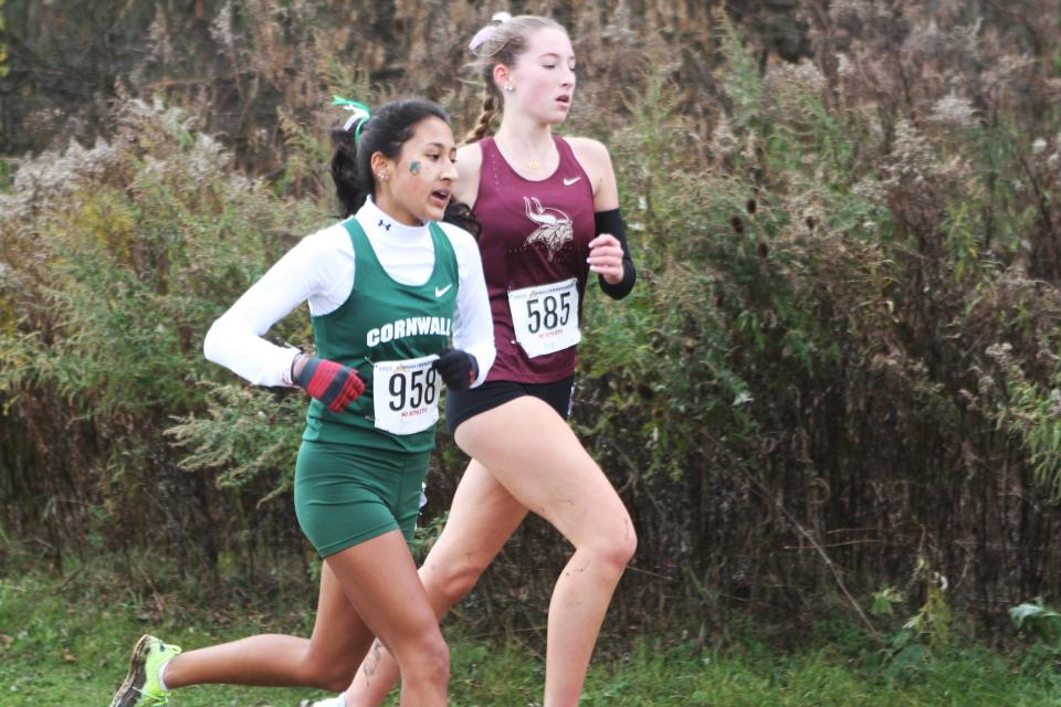 Cornwall's Noemi Goitia and Pittsford Mendon's Sarah Hanfland compete in the girls Class B state cross-country championship Nov. 11, 2023 in Verona, New York.