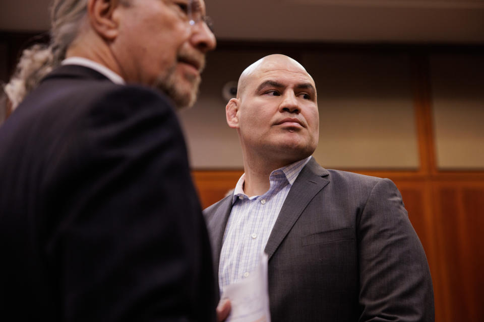 SAN JOSE, CALIFORNIA - NOVEMBER 21: Cain Velasquez, right, appears for his arraignment with attorney Edward Sousa, who appeared with him, at the Santa Clara County Hall of Justice on Monday, Nov. 21, 2022, in San Jose, Calif. Velasquez, the former UFC champion based out of San Jose, was charged with shooting at a man accused of molesting his child. (Photo by Dai Sugano/Pool Photo/MediaNews Group/Bay Area News Group via Getty Images)