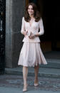<p>Kate’s trip to a Vogue exhibition at the National Portrait Gallery saw the Duchess in a sweet pink peplum dress by one of her favourite labels, Alexander McQueen. As usual, an L.K. Bennett clutch and shoes completed her ensemble.</p><p><i>[Photo: PA]</i></p>