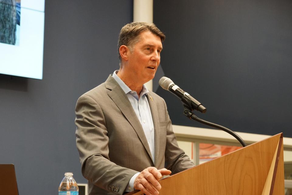 Ret. U.S. Army Brig. Gen. Mark Arnold speaks about his efforts to train and equip medics in Ukraine during an event at Otterbein University on Thursday, Oct. 5 2023.