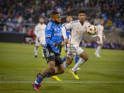 CF Montreal's Ruan, left, rushes forward with the ball against FC Cincinnati during the first half of an MLS soccer match Saturday, April 13, 2024, in Montreal. (Peter McCabe/The Canadian Press via AP)