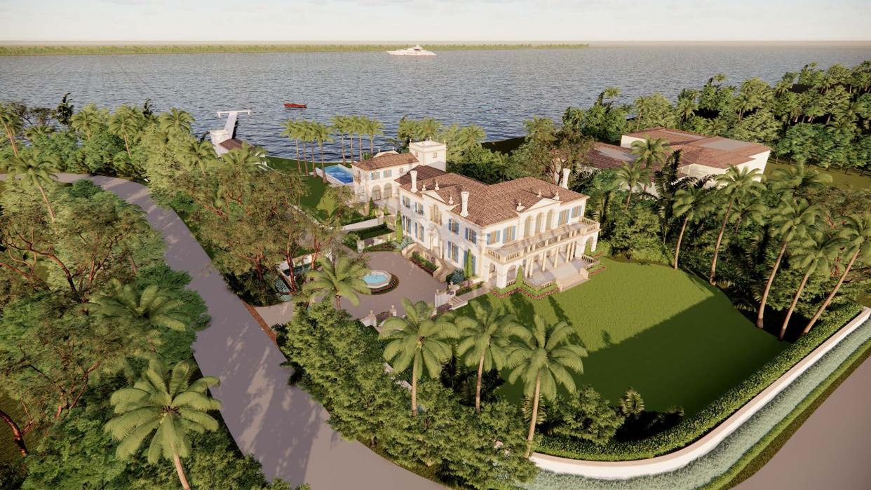 A concept rendering shows a mansion, center, designed for a 2-acre ocean-to-lake vacant property, listed at $150 million, at 1980 S. Ocean Blvd. on Sloan's Curve in Palm Beach.