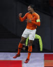 Netherland's Virgil Van Dijk celebrates after scoring the opening goal during the UEFA Nations League soccer match between The Netherlands and Germany at the Johan Cruyff ArenA in Amsterdam, Saturday, Oct. 13, 2018. (AP Photo/Peter Dejong)