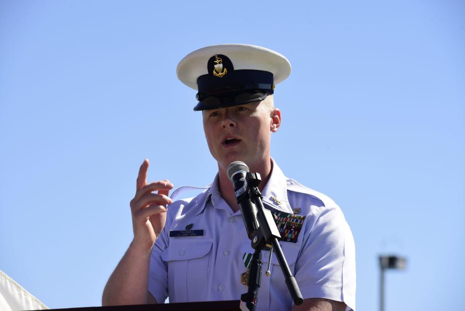 Kyle Thomas discusses his time serving in Port Huron during the change of command ceremony on Friday, June 17, 2022, at the U.S. Coast Guard Station in Port Huron.