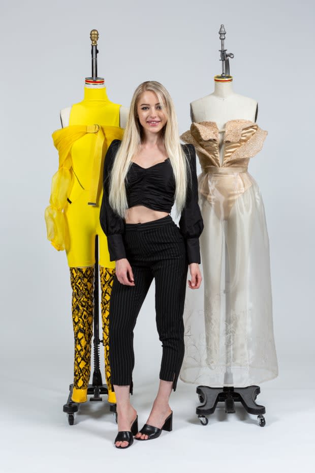<em>Paige Walker, a fashion design student at the Fashion Institute of Technology, with her winning garments designed for Belle from 'Beauty and the Beast.' Photo: Courtesy of FIT</em>