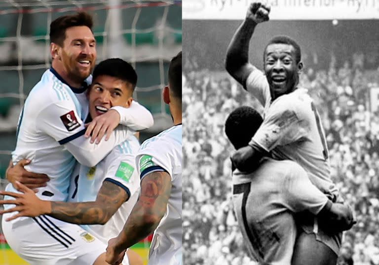 Lionel Messi y Pelé, en andas, elevados; apenas dos goles separa al argentino de un récord que O Rei impuso hace cinco décadas