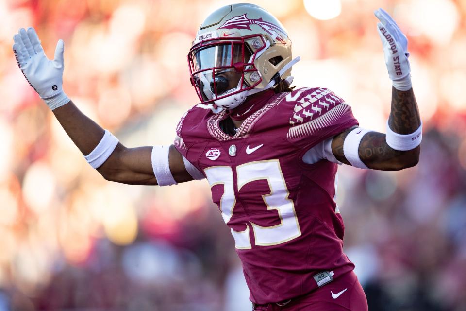 Florida State Seminoles defensive back Sidney Williams (23) pumps up the crowd. The Florida State Seminoles lost to the Wake Forest Demon Deacons 31-21 Saturday, Oct. 1, 2022.