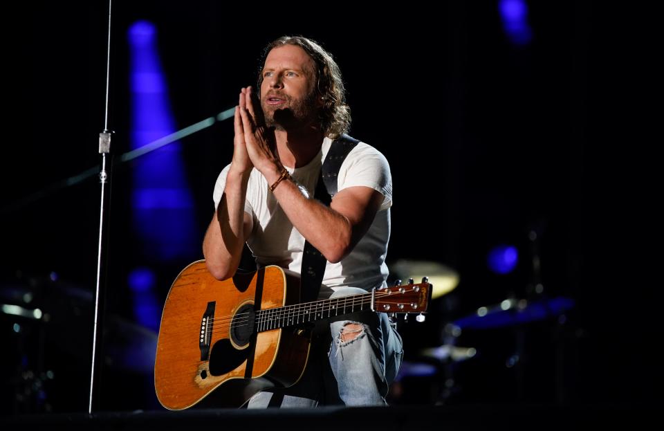 Dierks Bentley thanks the audience after performing during CMA Fest at Nissan Stadium on Sunday, June 11, 2023, in Nashville, Tennessee.