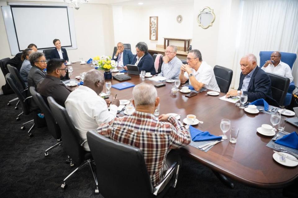 Caribbean Community leaders in Jamaica on Monday, March 11, 2024 for a one-day emergency meeting on the crisis in Haiti. CARICOM heads of government from The Bahamas, Barbados, Dominica, Grenada, Guyana, Jamaica and St Vincent and the Grenadines present in the room.
