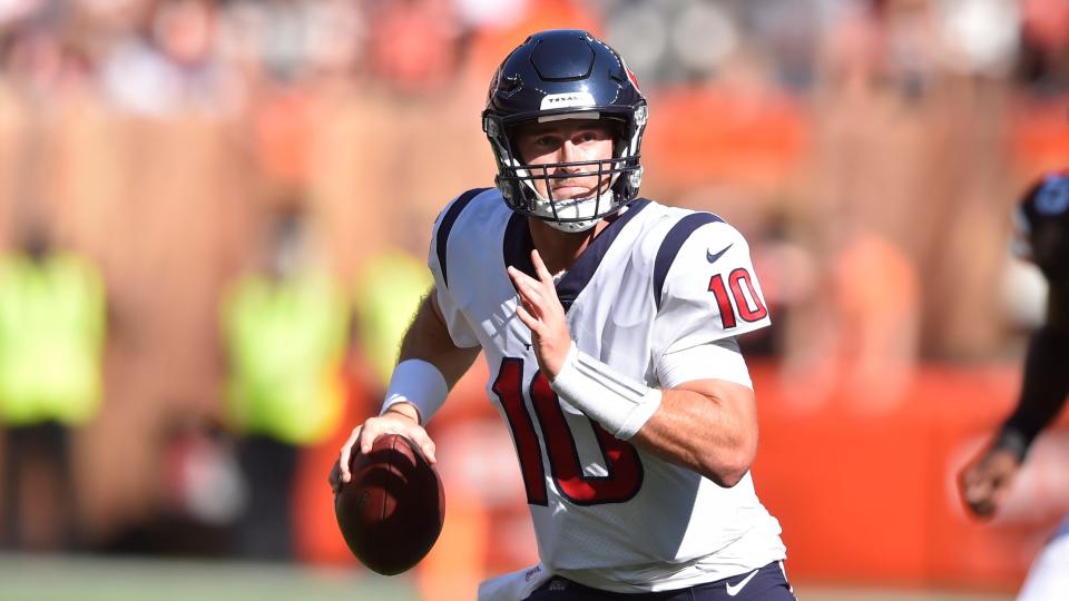 Houston Texans quarterback Davis Mills (10) runs with the ball during an NFL football game against the Cleveland Browns, Sunday, Sept. 19, 2021, in Cleveland.