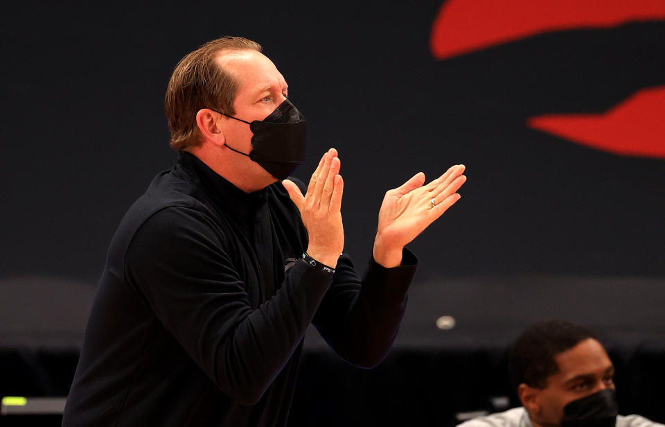 TAMPA, FLORIDA - FEBRUARY 21: Toronto Raptors head coach Nick Nurse looks on during a game against the Philadelphia 76ers at Amalie Arena on February 21, 2021 in Tampa, Florida. (Photo by Mike Ehrmann/Getty Images) NOTE TO USER: User expressly acknowledges and agrees that, by downloading and or using this photograph, User is consenting to the terms and conditions of the Getty Images License Agreement.