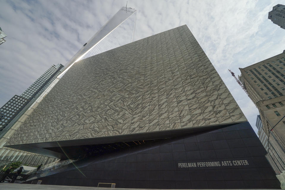 One World Trade Center looms above the Perelman Performing Arts Center before a news conference is held to announce the center's inaugural season events calendar, Wednesday, June 14, 2023, in New York. (AP Photo/John Minchillo)