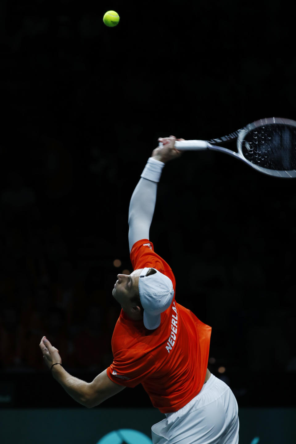 Netherland's Tallon Griekspoor returns the ball to Australia's Jordan Thompson during a Davis Cup quarter-final tennis match between Australia and The Netherlands in Malaga, Spain, Tuesday, Nov. 22, 2022. (AP Photo/Joan Monfort)