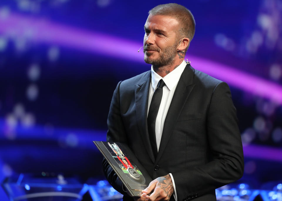 At the Champions League football tournament draw the former soccer player was honoured with the UEFA president’s award. Source: Getty