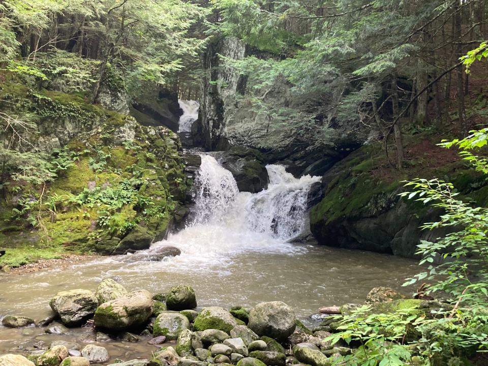 Madbush Falls, which lend their name to the Madbush Falls restaurant/bar/hotel, are shown near the Waitsfield business Aug. 17, 2023.