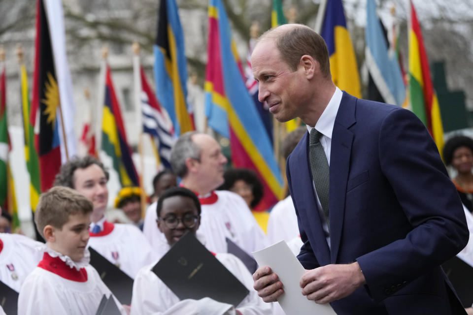 Prince William departs following the annual Commonwealth Day Service of Celebration at Westminster Abbey in London, Monday, March 11, 2024. Commonwealth Day is an annual celebration observed by people all over the Commonwealth in Africa, Asia, the Caribbean and Americas, the Pacific and Europe. (AP Photo/Kirsty Wigglesworth)