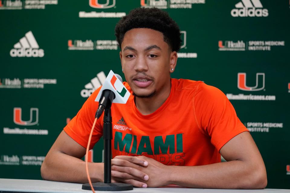 Miami guard Nijel Pack speaks during the school's NCAA college basketball media day, Friday, Oct. 7, 2022, in Coral Gables, Fla. (AP Photo/Marta Lavandier)