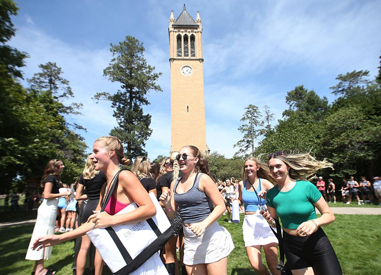 Iowa State University sorority new members runs to their sorority sisters at the final recruitment period in the Bid Day at the university's central campus on Thursday, Aug. 22, 2024, in Ames, Iowa.