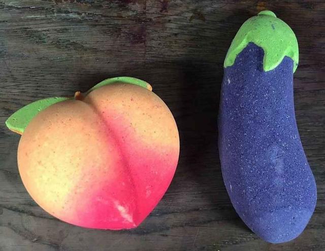 Still life with two peaches and eggplant