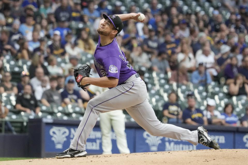 Colorado Rockies starting pitcher Peter Lambert throws during the first inning of a baseball game against the Milwaukee Brewers Monday, Aug. 7, 2023, in Milwaukee. (AP Photo/Morry Gash)