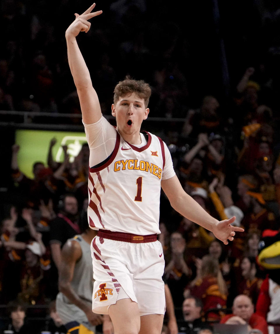 Iowa State guard Jackson Paveletzke (1) reacts after making a 3-point basket in the first half against West Virginia during an NCAA college basketball game, Saturday, Feb. 24, 2024, in Ames, Iowa. (AP Photo/Bryon Houlgrave)