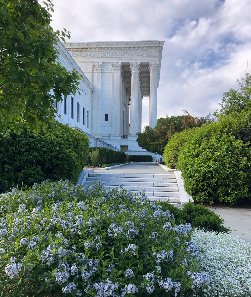 Flowers are blooming outside the front of the Supreme Court building on Capitol Hill in Washington, Monday morning, May 11, 2020. (AP Photos/Mark Sherman)