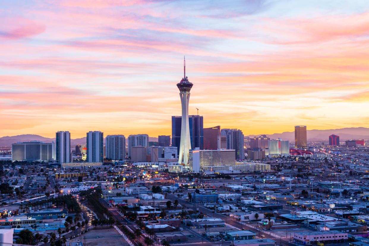 Las Vegas skyline at sunset.