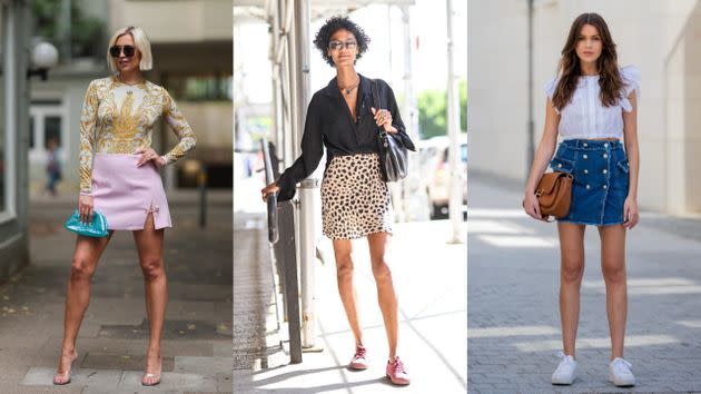 Miniskirts have appeared on many runways and street-style photo shoots of late. (Photo: Getty/Jeremy Moeller/Daniel Zuchnik/Christian Vierig)