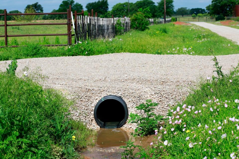 Culvert drainage system under gravel road with grass and wildflowers. 