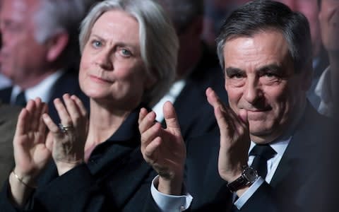 Former French presidential election candidate for the right-wing party, Les Republicains (LR) Francois Fillon (R) with his wife Penelope (L) at a campaign rally in Paris, France, 09 April 2017 - Credit: IAN LANGSDON/EPA-EFE/REX&nbsp;/REX