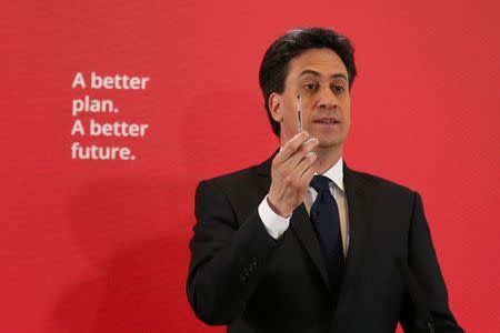Britain's opposition Labour Party leader Ed Miliband gestures as he delivers an election speech to supporters at the Royal Institute of British Architects in London, Britain April 29, 2015. Britain will go to the polls in a national election on May 7. REUTERS/Stefan Wermuth