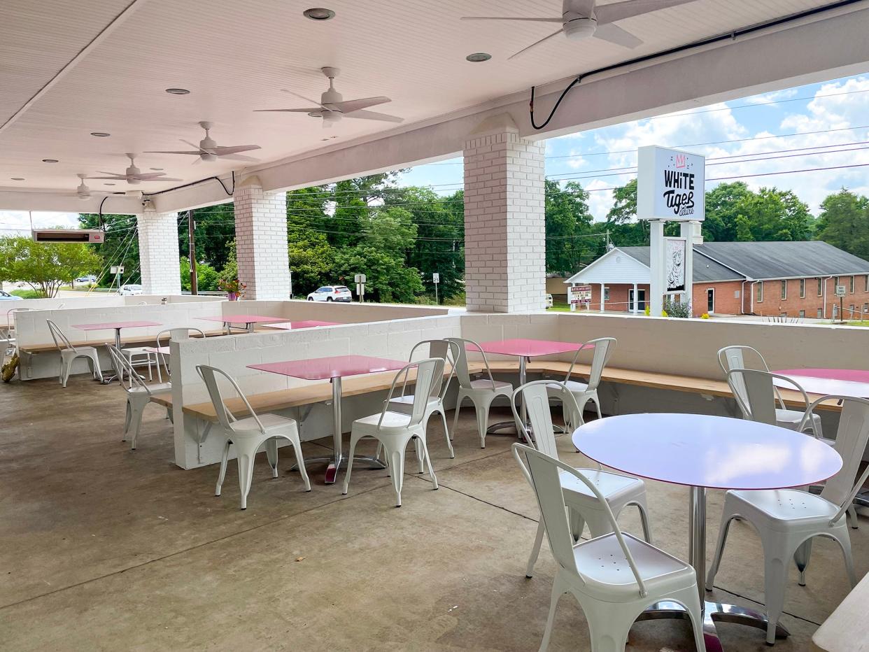 This photo taken on May 27, 2022 shows the covered patio dining area at White Tiger Deluxe in Watkinsville, Ga.