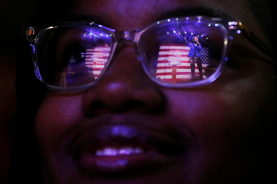 Democratic 2020 U.S. presidential candidate and U.S. Senator Elizabeth Warren (D-MA) is reflected in an audience member’s glasses while speaking at a campaign Get Out the Vote Event in Orangeburg, South Carolina, U.S., February 26, 2020.   REUTERS/Brian Snyder     TPX IMAGES OF THE DAY