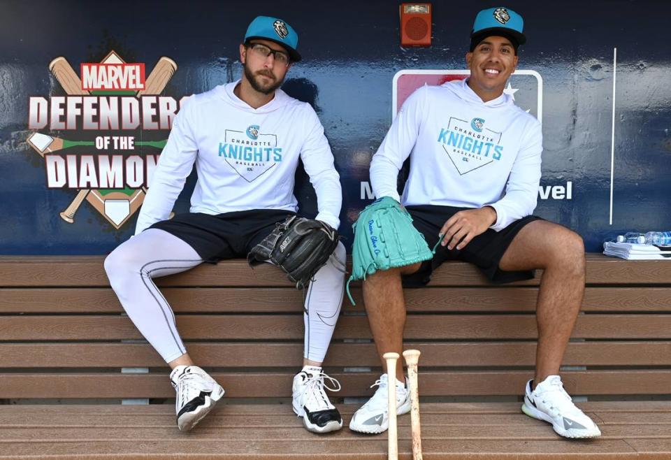 Pitchers J.B. Olson, left and Andrew Perez, right, wear some of the team’s new gear that features Knights Blue, the new primary color for the team. The team held media day at Truist Field in Charlotte, NC on Wednesday, March 29, 2023.