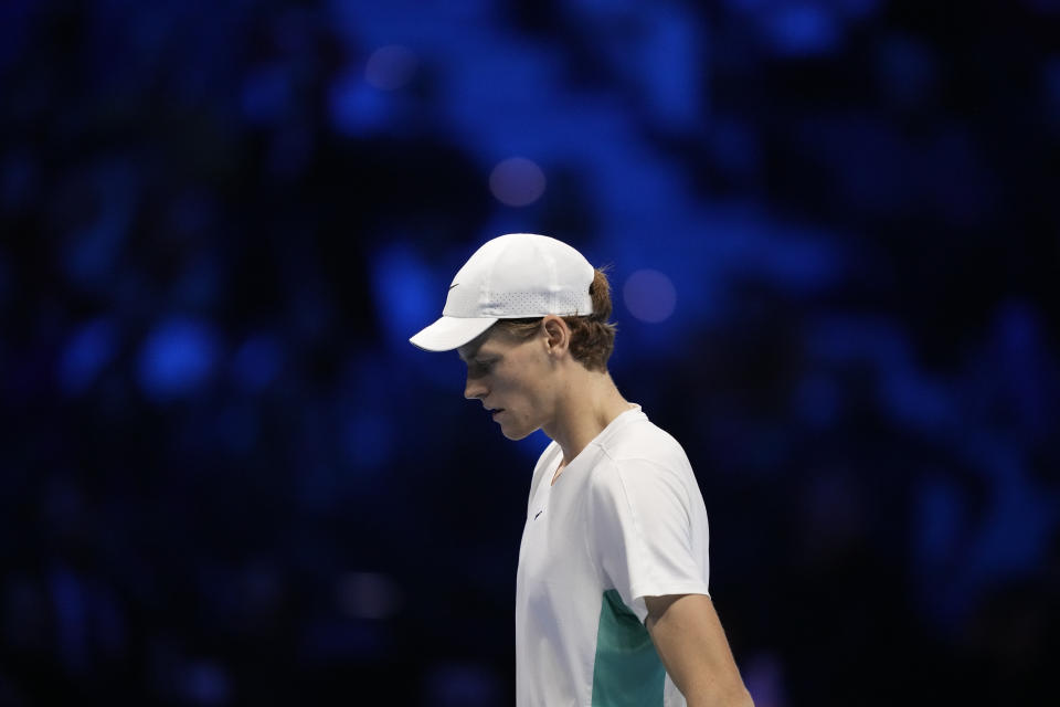 Italy's Jannik Sinner reacts after losing a point to Serbia's Novak Djokovic during their singles final tennis match of the ATP World Tour Finals at the Pala Alpitour, in Turin, Italy, Sunday, Nov. 19, 2023. (AP Photo/Antonio Calanni)