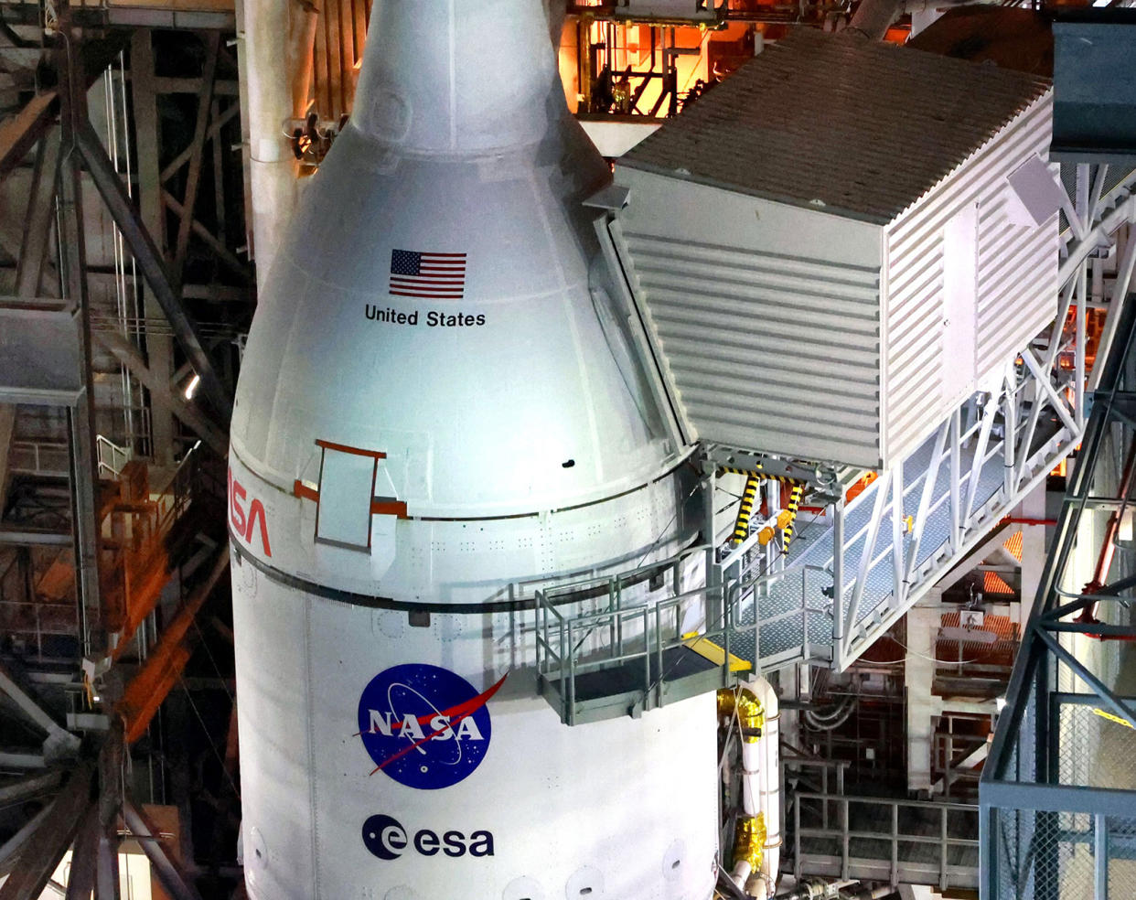 Artemis I and the Orion spacecraft shortly before rollout to the launch pad âas seen from the high bay level inside the Vehicle Assembly Buildingâ at Kennedy Space Center, Florida, Launch Complex 39, Tuesday, Aug. 16, 2022. Artemis I is scheduled to launch on an unmanned mission to orbit the moon on Aug. 29. (Joe Burbank/Orlando Sentinel/Tribune News Service via Getty Images)