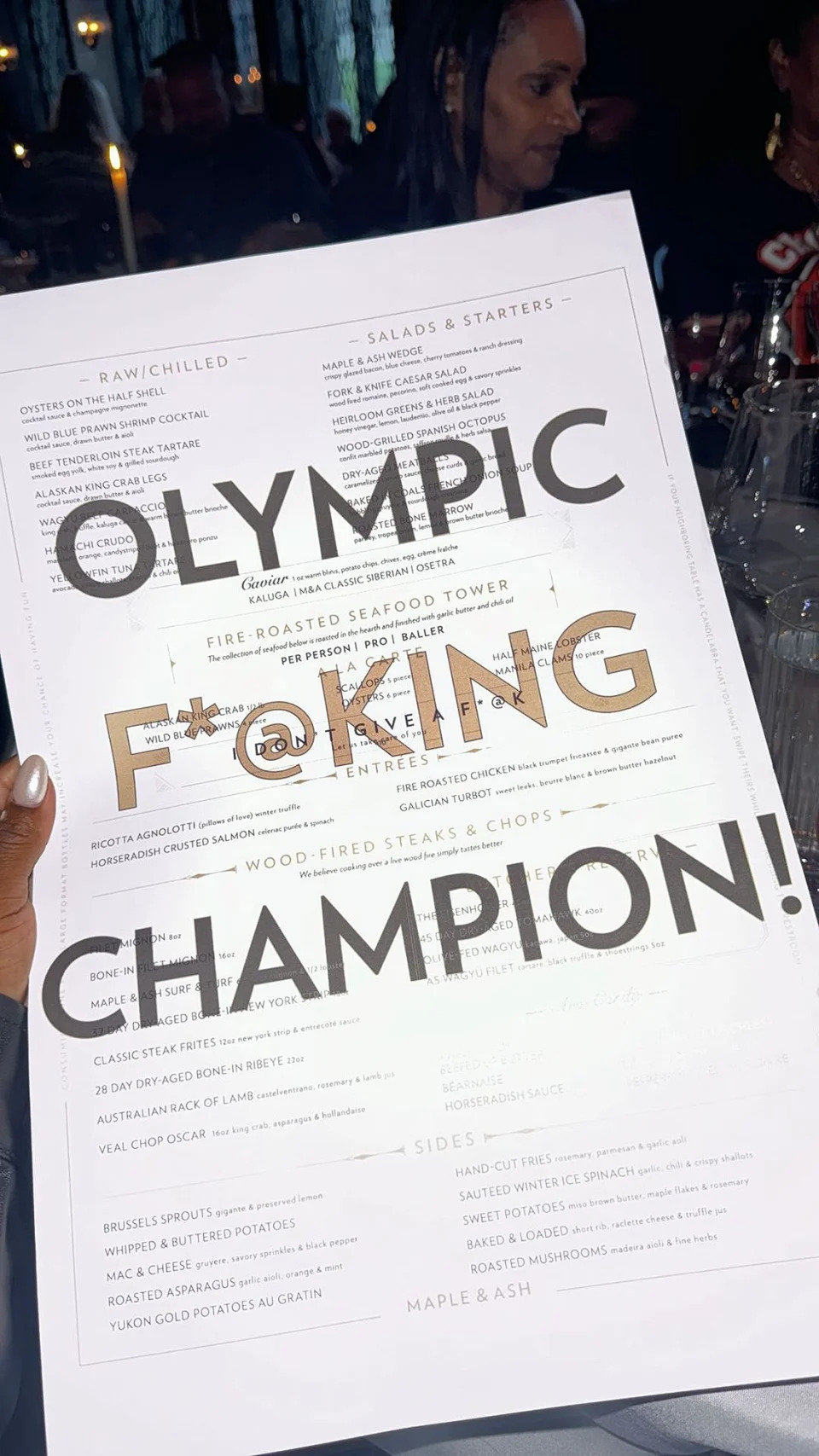 Simone Biles Poses With 'Olympic F–king Champion' Menu During Dinner With Jonathan Owens