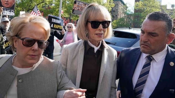 PHOTO: Writer E. Jean Carroll arrives as jury selection is set to begin in the defamation case against former President Donald Trump brought by Carroll, who accused him of raping her in the 1990s, at the Manhattan Federal Court, New York, April 25, 2023. (Timothy A. Clary/AFP via Getty Images)