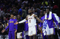 Los Angeles Lakers' LeBron James reacts to a call during the first half of an NBA basketball game against the Philadelphia 76ers, Friday, Dec. 9, 2022, in Philadelphia. (AP Photo/Matt Slocum)