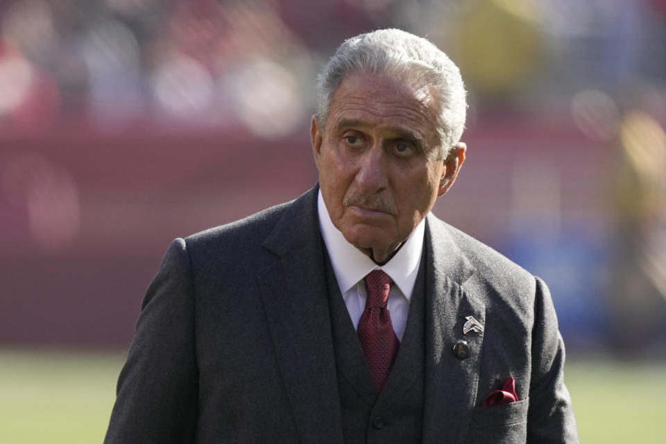 FILE - Atlanta Falcons owner and chairman Arthur Blank is shown before an NFL football game between the San Francisco 49ers and the Falcons in Santa Clara, Calif., Sunday, Dec. 19, 2021. The chasm between bosses at the clubs and the minority candidates has remained as wide as the Grand Canyon. (AP Photo/Tony Avelar, File)