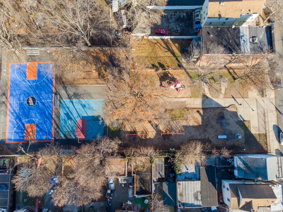 Aerial shot of Passaic's Colonel Johnson Park on Harrison Street. The city plans to apply for Green acres park funding to replace current park wiht with one with multiple splash pads and other amenities.