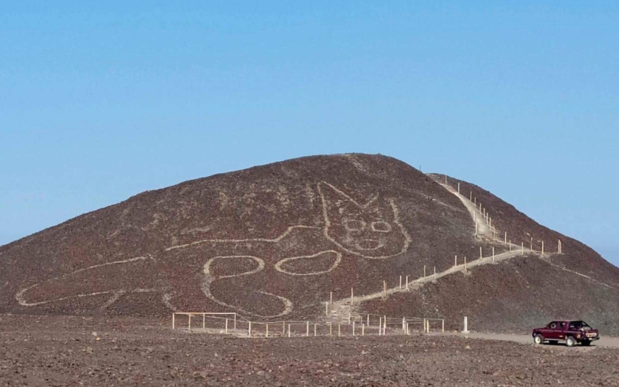 Peruvian archaeologists carrying out maintenance work in the Nazca Lines geoglyphs site discovered the figure of a feline - Jhony Islas/Peru's Ministry of Culture - Nasca-Palpa via AP