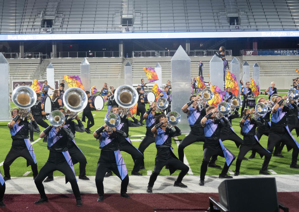 The Blue Knights from Denver perform Monday at West Texas Drums at Bain-Schaeffer Buffalo Stadium in Canyon.