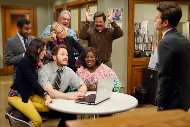 <p>Jordin Althaus/NBCU Photo Bank/NBCUniversal/Getty</p> (L-R) Aziz Ansari, Aubrey Plaza, Chris Pratt, Amy Poehler, Jerry Gergich, Retta, Nick Offerman, Adam Scott on 'Parks and Recreation'