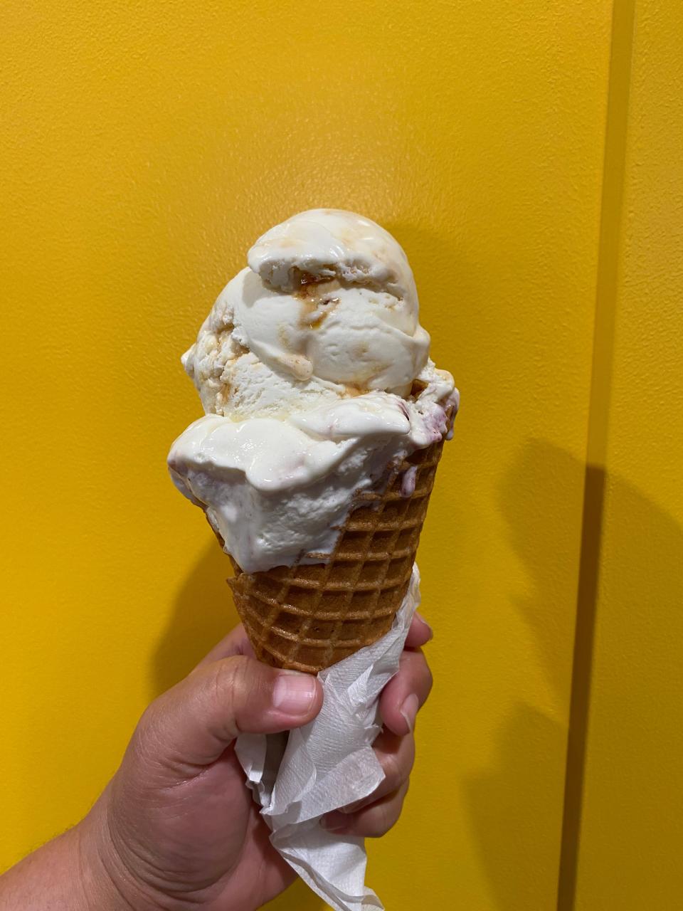 Double scoop waffle cone from Big Dipper Creamery at Mother Road Market in Tulsa, Okla.