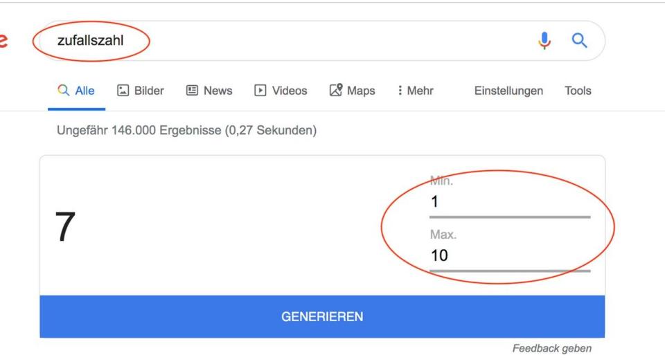 Wahrscheinlich werden die wenigsten von Ihnen diese Funktion nutzen, aber falls Sie doch mal ein Gewinnspiel organisieren, kann Ihnen Google beim Auslosen der Gewinner helfen. Dafür geben Sie "Zufallszahl" in die Suchleiste ein und Google präsentiert eine Zahl zwischen 1 und 10. Wenn es nicht 10, sondern 756 Teilnehmer beim Gewinnspiel gab, können Sie den Bereich einfach nach Ihren Bedürfnissen festlegen.