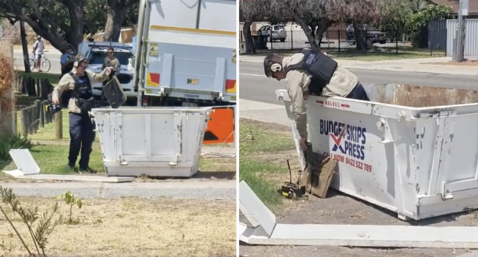 Officer from the bomb squad standing next to the skip bin (left) and the officer in the ski bin (right) in South Lake, WA.