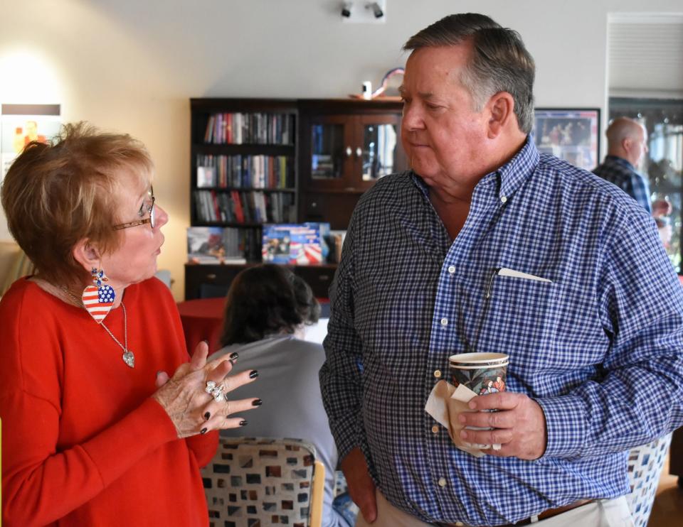 Congressman Ken Calvert chats with a supporter during a meet and greet at the East Valley Republican Women Patriots headquarters in Palm Desert on Tuesday.